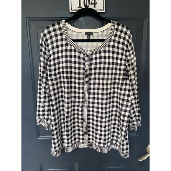 Talbots Black White Gingham Cardigan Button Up Blouse, Size 2X, MSRP $90 - Picture 1 of 8